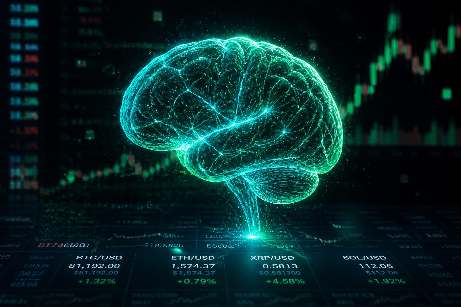 Glowing AI brain analyzing live trading charts